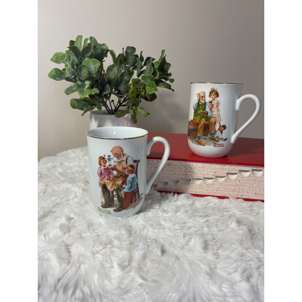 VTG 1982 Norman Rockwell Museum Mugs The Cobbler & Toymaker Set of 2 Gold Rim